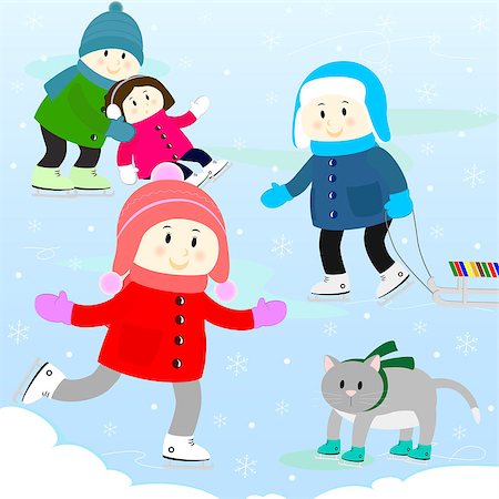 children and the cat skating on the skating-rink Stock Photo - Budget Royalty-Free & Subscription, Code: 400-06631835