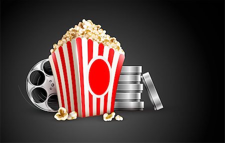 popcorn pattern - discs with film tape reel and popcorn vector illustration on the black background EPS10. Transparent objects used for shadows and lights drawing. Stock Photo - Budget Royalty-Free & Subscription, Code: 400-06631962