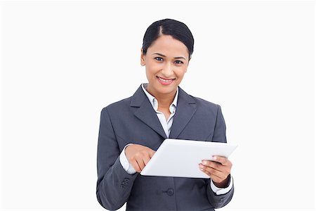 sales person with a tablet - Close up of saleswoman with tablet computer against a white background Stock Photo - Budget Royalty-Free & Subscription, Code: 400-06633209
