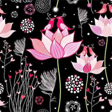 Seamless pattern of bright pink flowers and birds on a black background Stock Photo - Budget Royalty-Free & Subscription, Code: 400-06633465