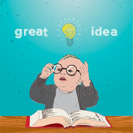 Great idea, kid with book and bulb above his head, vector Eps10 illustration. Stock Photo - Budget Royalty-Free & Subscription, Code: 400-06633637