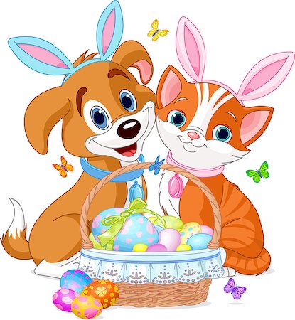 simsearch:400-08750179,k - Cat and dog near pretty Easter basket full of eggs Stock Photo - Budget Royalty-Free & Subscription, Code: 400-06644288