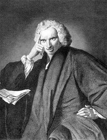 simsearch:400-07112551,k - Laurence Sterne (1713-1768) on engraving from 1859. Anglo-Irish novelist and an Anglican clergyman. Engraved by unknown artist and published in Meyers Konversations-Lexikon, Germany,1859. Foto de stock - Royalty-Free Super Valor e Assinatura, Número: 400-06644461