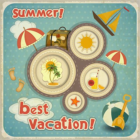 sea postcards vector - Summer Vacation Card in Vintage Style. Retro Travel Postcard with Summer Items in Old Style. Hand Lettering Text. Vector Illustration. Stock Photo - Budget Royalty-Free & Subscription, Code: 400-06644493