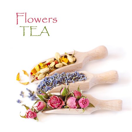 Flowers tea collection in a wooden scoops on a white background. Stock Photo - Budget Royalty-Free & Subscription, Code: 400-06640339