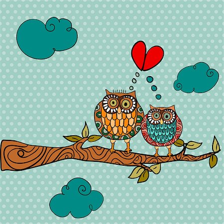 simsearch:400-05728242,k - Valentine day owl couple in love greeting card background. Vector illustration layered for easy manipulation and custom coloring. Photographie de stock - Aubaine LD & Abonnement, Code: 400-06641282