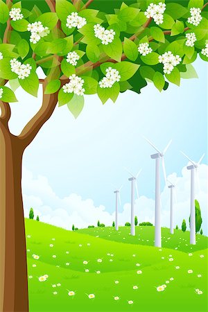power supply vectors - Green Landscape with Trees, Flowers, Clouds and Wind Power Plant Stock Photo - Budget Royalty-Free & Subscription, Code: 400-06641503