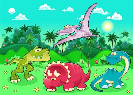 dinosaur cartoon background - Funny dinosaurs in the forest. Cartoon and vector illustration Stock Photo - Budget Royalty-Free & Subscription, Code: 400-06642299