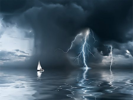 stormy sea boat - Yacht at the ocean, comes nearer a thunderstorm with rain and lightning on background Stock Photo - Budget Royalty-Free & Subscription, Code: 400-06642560