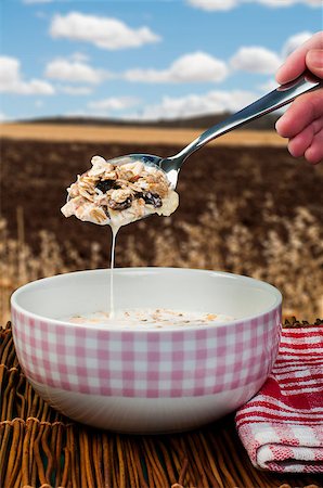 raw oats - Muesli breakfast in a bow and spoon.Agricultural land on the background Stock Photo - Budget Royalty-Free & Subscription, Code: 400-06642934