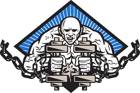 Illustration of a strongman with two dumbbells bound in chains breaking them facing front set inside diamond done in retro style. Stock Photo - Budget Royalty-Free & Subscription, Code: 400-06643184