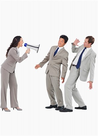 simsearch:400-06763387,k - Saleswoman with megaphone yelling at colleagues against a white background Stock Photo - Budget Royalty-Free & Subscription, Code: 400-06685597