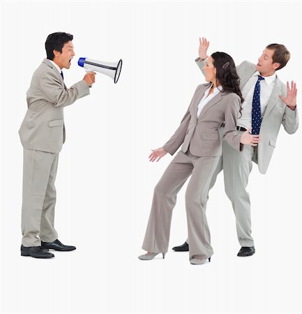 simsearch:400-06763387,k - Salesman with megaphone shouting at colleagues against a white background Stock Photo - Budget Royalty-Free & Subscription, Code: 400-06685601