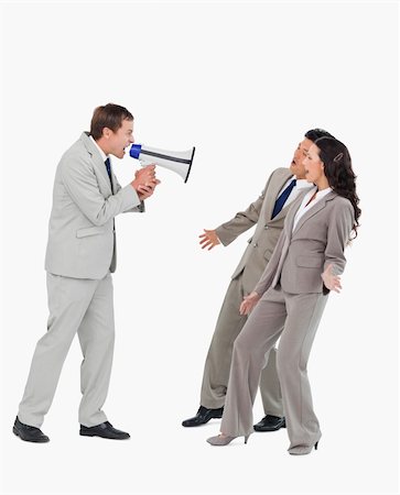 simsearch:400-06763387,k - Businessman with megaphone yelling at associates against a white background Stock Photo - Budget Royalty-Free & Subscription, Code: 400-06685602