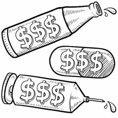 dollar sign of pills - Doodle style bottle, syringe and pharmaceutical sketch with dollar signs on them to indicate wasted money, high treatment or health care costs, or the price of addiction . Vector format. Stock Photo - Budget Royalty-Free & Subscription, Code: 400-06685669