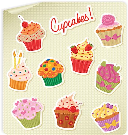 Cupcake stickers on a hearts sheet of paper Fotografie stock - Microstock e Abbonamento, Codice: 400-06685977