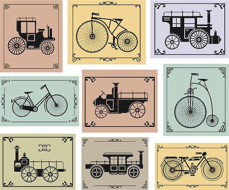 Vector set of old bikes and cars on a colorful background Stock Photo - Budget Royalty-Free & Subscription, Code: 400-06686077