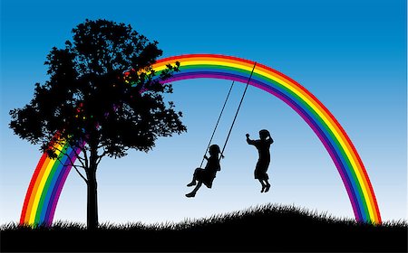 simsearch:400-04476238,k - Girl swinging and boy jumping under rainbow Foto de stock - Super Valor sin royalties y Suscripción, Código: 400-06686210