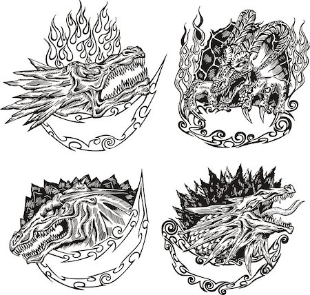 dragon head - Decorative templates with dragon heads for mascot design. Vector set. Photographie de stock - Aubaine LD & Abonnement, Code: 400-06686329