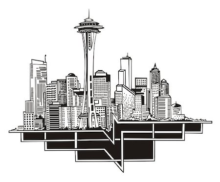 simsearch:400-06686308,k - Seattle, WA Skyline. Black and white vector illustration EPS 8. Photographie de stock - Aubaine LD & Abonnement, Code: 400-06686320