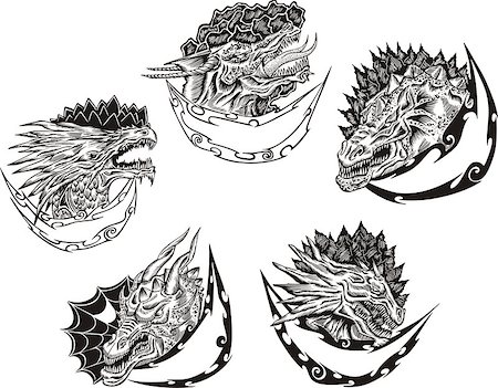 dragon head - Decorative templates with dragon heads for mascot design. Vector set. Photographie de stock - Aubaine LD & Abonnement, Code: 400-06686330
