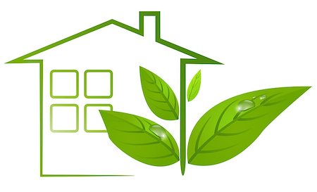 eco friendly home - Ecological logo of green house with leafs and water drops. Foto de stock - Super Valor sin royalties y Suscripción, Código: 400-06686357