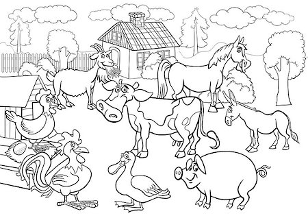 simsearch:400-09120776,k - Black and White Cartoon Illustration of Rural Scene with Farm Animals Livestock Big Group for Coloring Book Photographie de stock - Aubaine LD & Abonnement, Code: 400-06686734