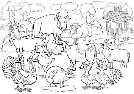 simsearch:400-09120776,k - Black and White Cartoon Illustration of Country Scene with Farm Animals Livestock Big Group for Coloring Book Photographie de stock - Aubaine LD & Abonnement, Code: 400-06686732