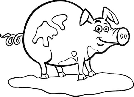 simsearch:400-06851707,k - Black and White Cartoon Illustration of Funny Pig Farm Anima in Mud for Coloring Book Stock Photo - Budget Royalty-Free & Subscription, Code: 400-06686748