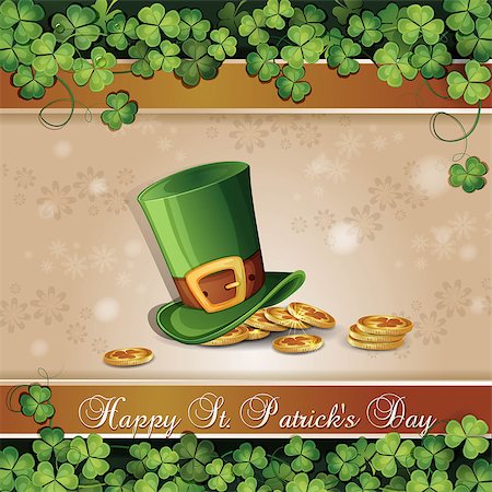 Saint Patrick's Day card with clover, hat and gold coins Stock Photo - Budget Royalty-Free & Subscription, Code: 400-06686759
