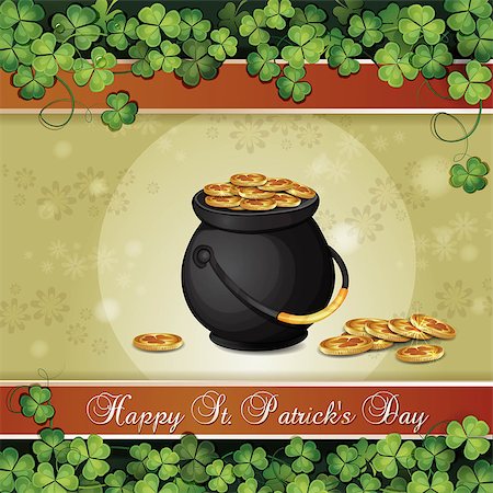 Saint Patrick's Day card with clover and cauldron with gold Stock Photo - Budget Royalty-Free & Subscription, Code: 400-06686760