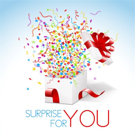 red confetti - White opened gift box with red ribbon and flying confetti and swirls Stock Photo - Budget Royalty-Free & Subscription, Code: 400-06687474