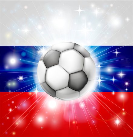 Flag of Russia soccer background with pyrotechnic or light burst and soccer football ball in the centre Stock Photo - Budget Royalty-Free & Subscription, Code: 400-06687664