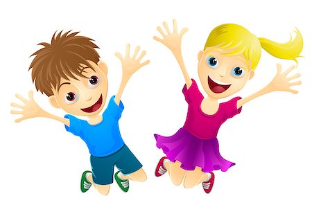 A cartoon of two happy children, a boy and girl, jumping for joy Stock Photo - Budget Royalty-Free & Subscription, Code: 400-06687665