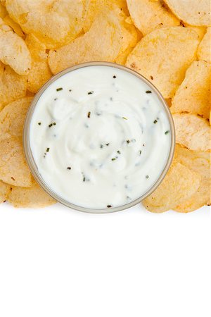 simsearch:400-06689258,k - Close up of a bowl of white dip with herbs surrounded by nachos against a white background Stock Photo - Budget Royalty-Free & Subscription, Code: 400-06689091