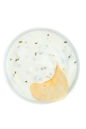 simsearch:400-06689258,k - Close up of a bowl of white dip with herbs and a chips dipped in it against a white background Stock Photo - Budget Royalty-Free & Subscription, Code: 400-06689093
