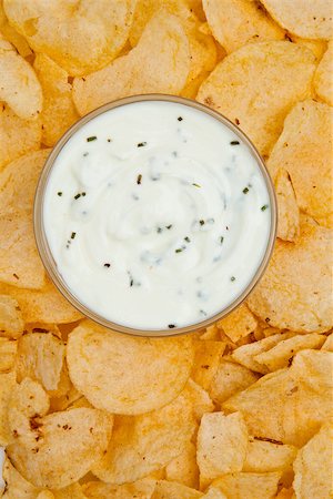 simsearch:400-06689258,k - Close up of a bowl of white dip with herbs surrounded by nachos Stock Photo - Budget Royalty-Free & Subscription, Code: 400-06689274