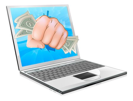 An illustration of a laptop computer with a fist full of dollars smashing out of the screen Stock Photo - Budget Royalty-Free & Subscription, Code: 400-06694818
