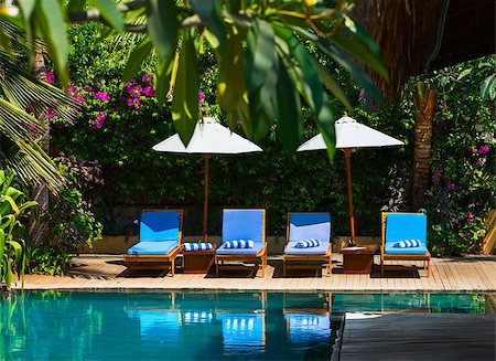 resort outdoor bed - Beach chairs near swimming pool in tropical resort Foto de stock - Super Valor sin royalties y Suscripción, Código: 400-06694999