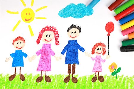 pencil painting pictures images kids - Kiddie style crayon drawing of a happy family on a green meadow Foto de stock - Super Valor sin royalties y Suscripción, Código: 400-06695039