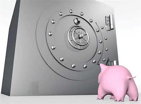 simsearch:400-04881139,k - a bottom view of a pink piggy bank that is watching with envy or surprise a metal big safe with a rounded closed door Foto de stock - Royalty-Free Super Valor e Assinatura, Número: 400-06695154