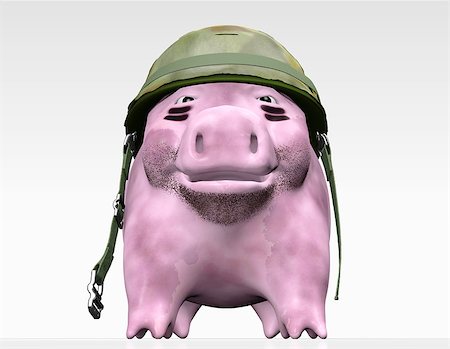 a bottom view of a dirty pink piggy bank with a unfastened mimetic helmet on his head and some short beard that seems he would want to control and to give orders Stock Photo - Budget Royalty-Free & Subscription, Code: 400-06695158