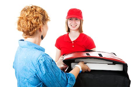 simsearch:400-06917337,k - Teenage girl delivering pizza to a hungry customer.  Isolated on white. Photographie de stock - Aubaine LD & Abonnement, Code: 400-06695199