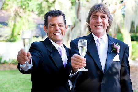 Handsome gay wedding couple toasting their marriage with champagne. Photographie de stock - Aubaine LD & Abonnement, Code: 400-06695208