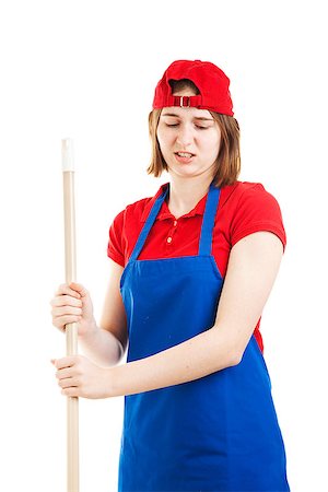 serious maid - Teenage worker makes a face of disgust as she mops up.  Isolated on white. Foto de stock - Super Valor sin royalties y Suscripción, Código: 400-06695201