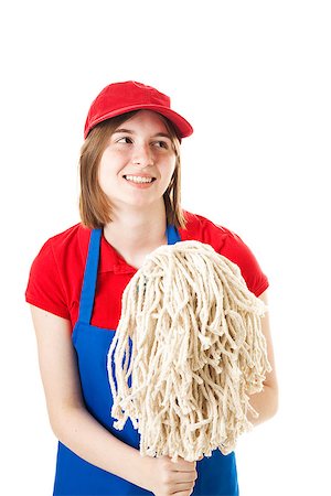 simsearch:400-06685903,k - Teenage worker in uniform holding a mop.  Isolated on white. Fotografie stock - Microstock e Abbonamento, Codice: 400-06695225