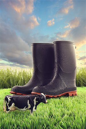 rubber farm boots - Rubber boots in grass with toy cow and bright sky Stock Photo - Budget Royalty-Free & Subscription, Code: 400-06695278