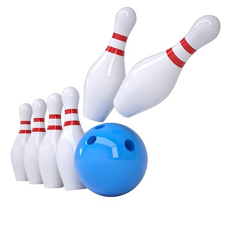Bowling ball knocks down pins. Isolated render on a white background Stock Photo - Budget Royalty-Free & Subscription, Code: 400-06695306