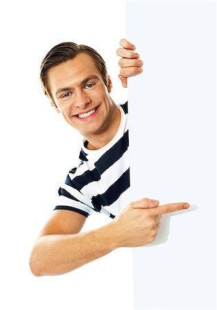 simsearch:400-06695536,k - Handsome person pointing on blank signboard isolated against white background Stock Photo - Budget Royalty-Free & Subscription, Code: 400-06695532