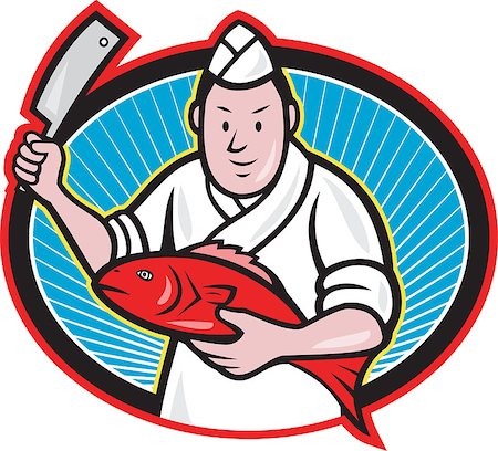 Illustration of a Japanese fishmonger butcher chef cook with knife holding red fish on isolated background. Foto de stock - Super Valor sin royalties y Suscripción, Código: 400-06695624